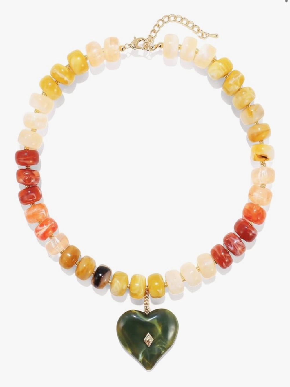 Anthropologie Multicolor Beaded Necklace with Green Heart Pendant
